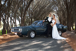 bride and groom and a Charger