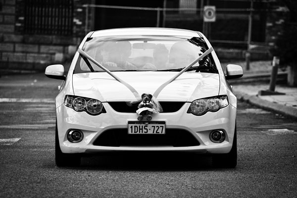 wedding car in black and white