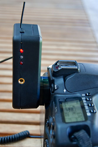 Hero transmitter mounted on Canon 50D viewfinder