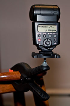 Canon 430EX mounted on a clamp