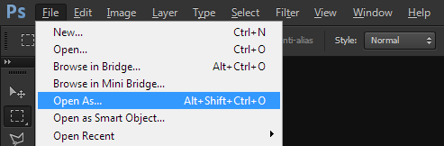 File -> Open As menu item in Photoshop CS6