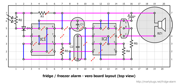 fridge and freezer alarm - vero board layout (top view)