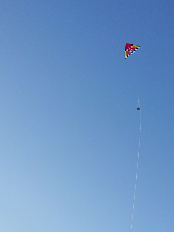 9' Levitation Delta kite with GoPro camera rig hanging from the line