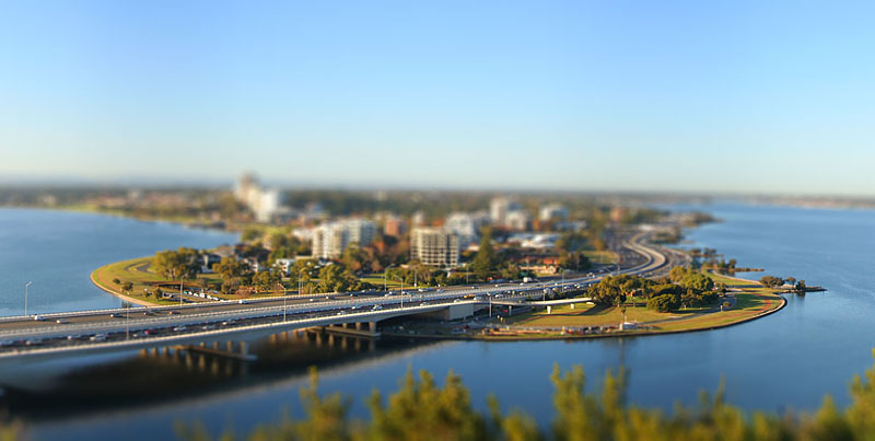 Narrows Bridge into South Perth, digitally tilt-shifted