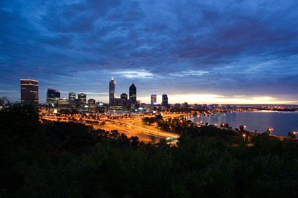 Perth city lights at dawn
