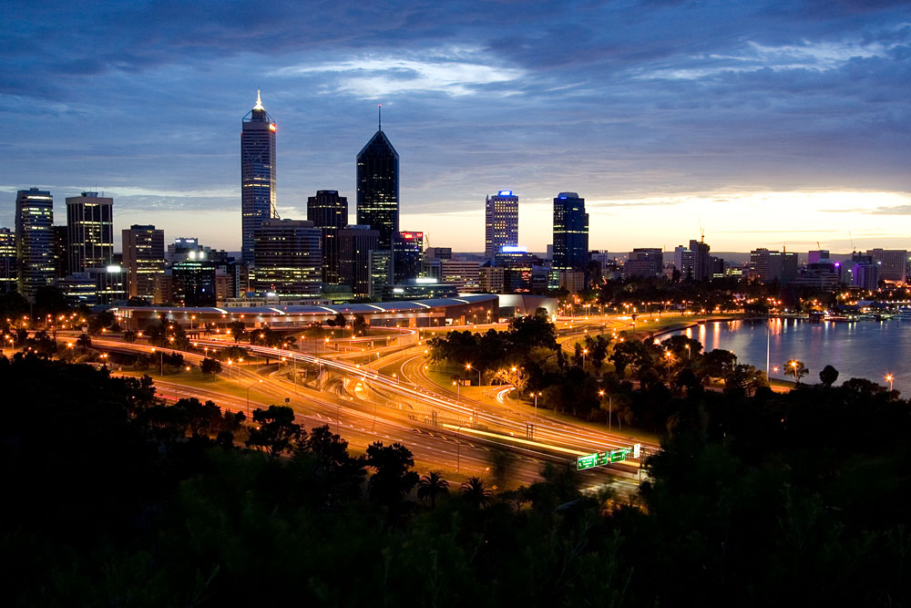 Perth city lights at dawn