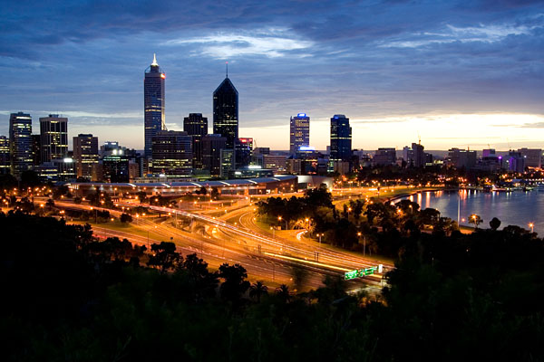 Perth city lights at dawn