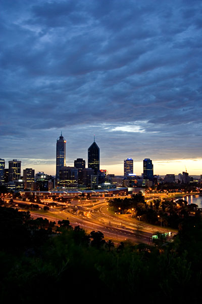 Perth city lights at dawn