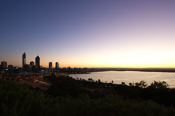 Perth city and Swan River before dawn