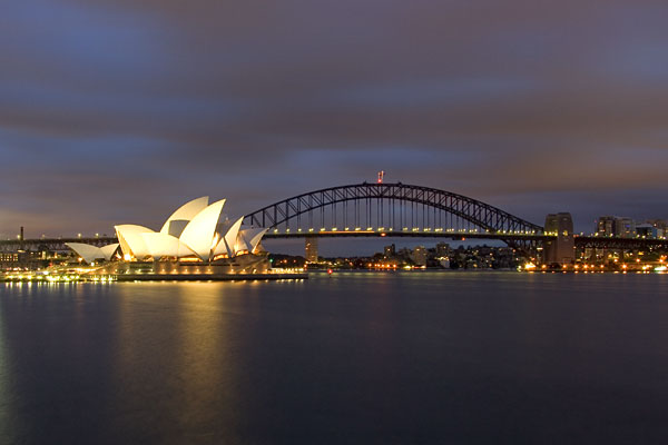 Sydney Opera House and Harbour Bridge before dawn