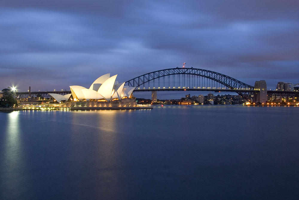 Sydney Opera House and Harbour Bridge before dawn
