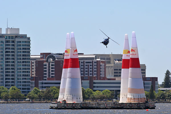 the Red Bull chopper going through the course