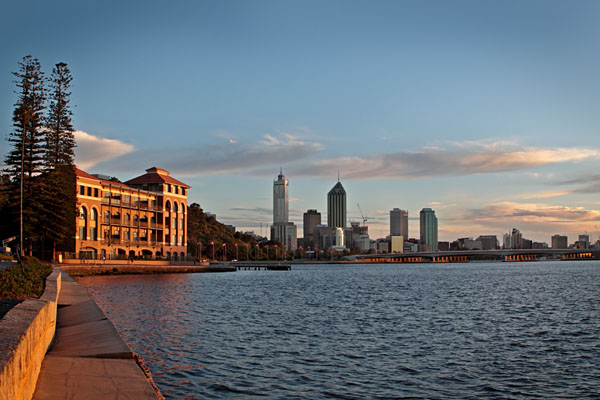 Swan Brewery and city of Perth at sunrise