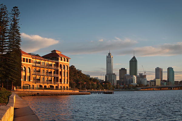 Swan Brewery and city of Perth at sunrise