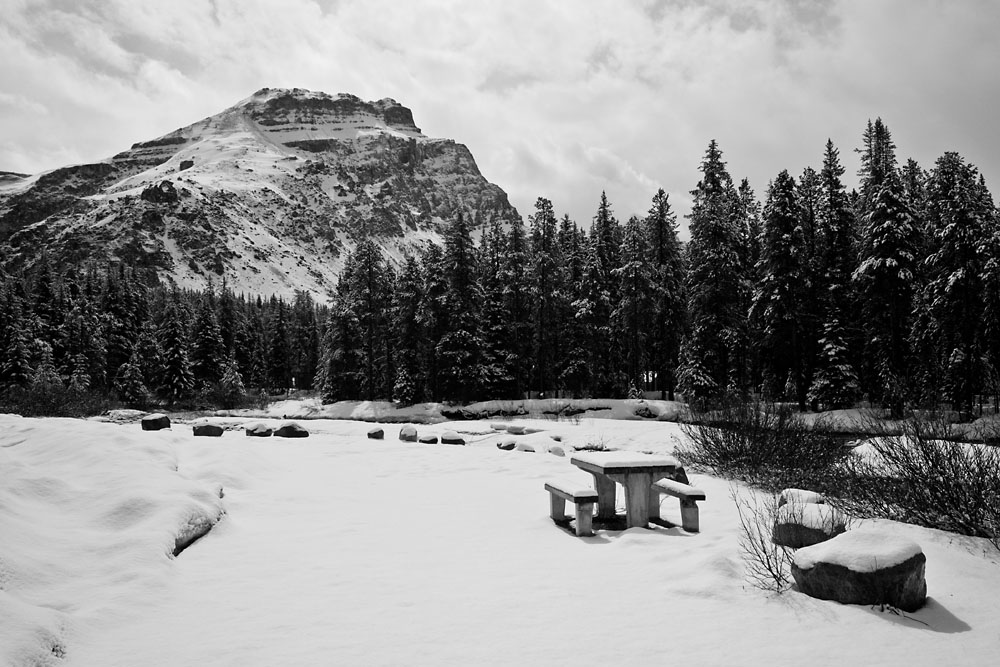 snow-covered picnic table