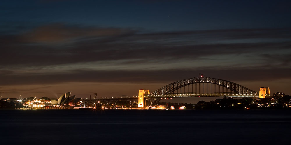 Opera House and Harbour Bridge after dusk