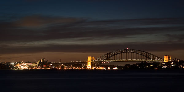 Opera House and Harbour Bridge after dusk