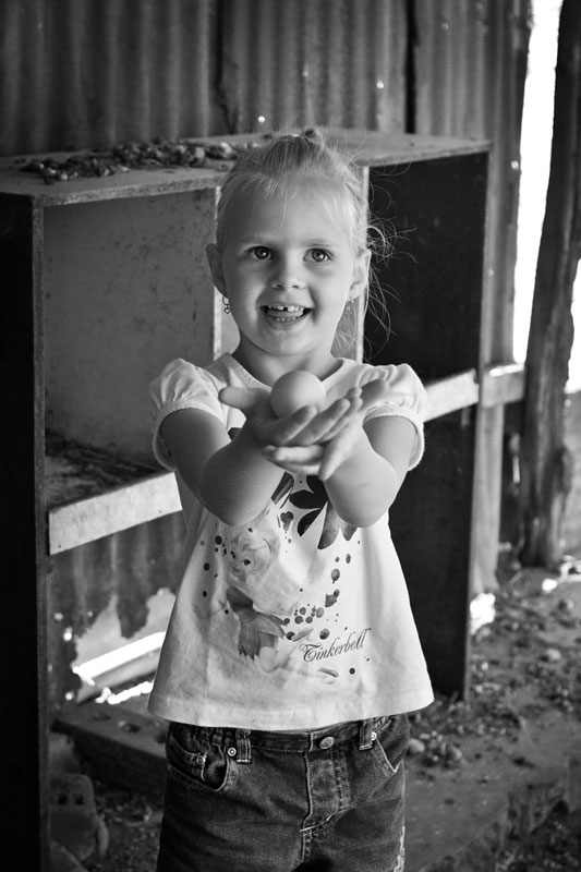 Samantha collecting the eggs