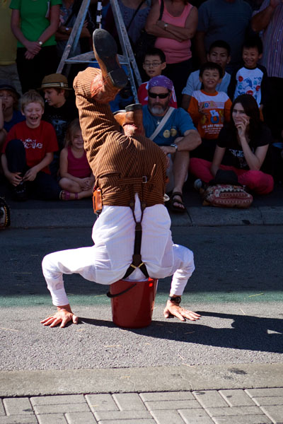 hand-stand in a bucket of water to put out the helmet fire