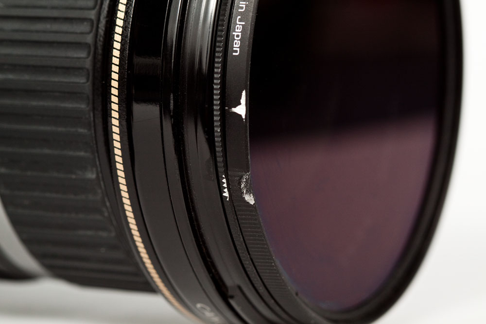 damaged CPL filter on a Canon EF-S 10-22mm lens