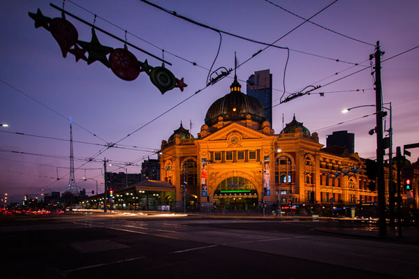 Flinders Street Station after sunset