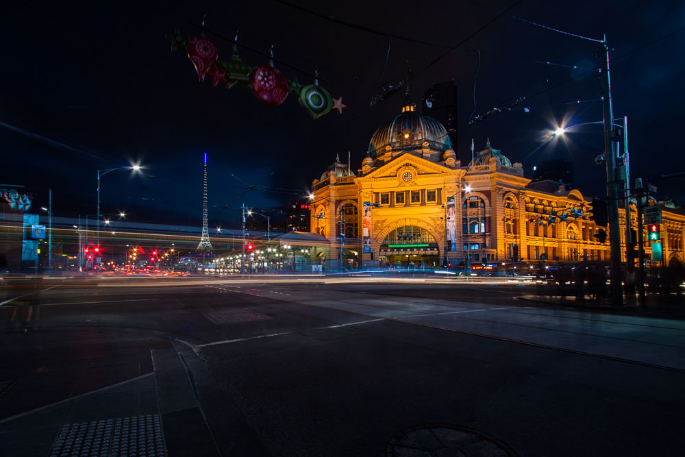 Flinders Street Station after sunset