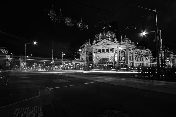 Flinders Street Station after sunset