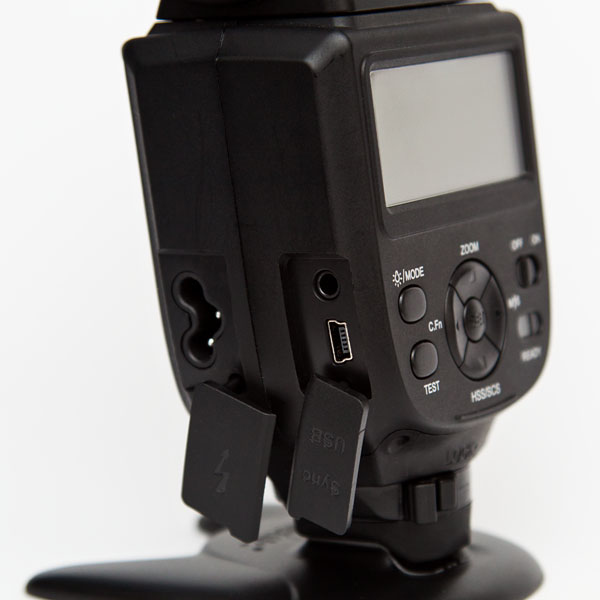 external battery pack socket, 3.5mm sync socket, USB port