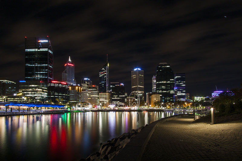 city lights, with the Spanda sculture shown at centre