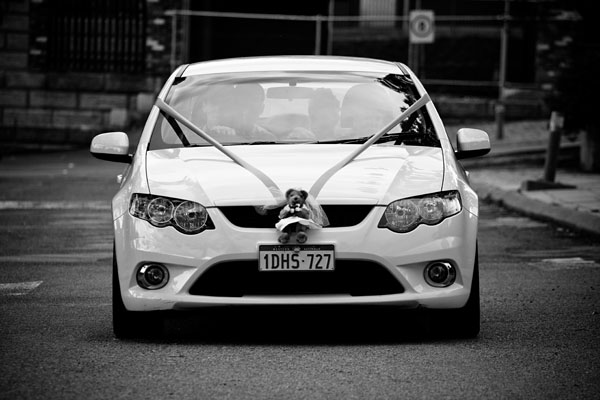 wedding car in black and white
